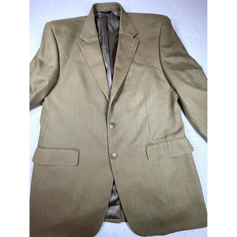 Chaps Ralph Lauren Blazer Jacket Men Tan Silk Herringbone Sport Coat Notch Lapel